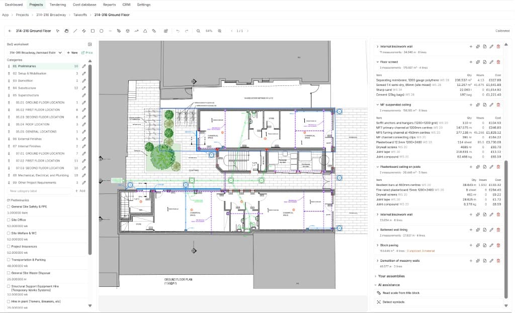 The takeoff workspace: a ground floor plan on the drawing canvas with measured areas highlighted, the bill of quantities worksheet in the left panel, and priced assemblies with their material schedules in the right panel.